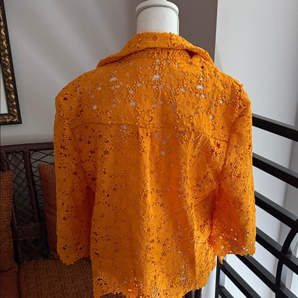 Anthropologie Bright Orange Lace Button-Down Shirt - Picture 5 of 7